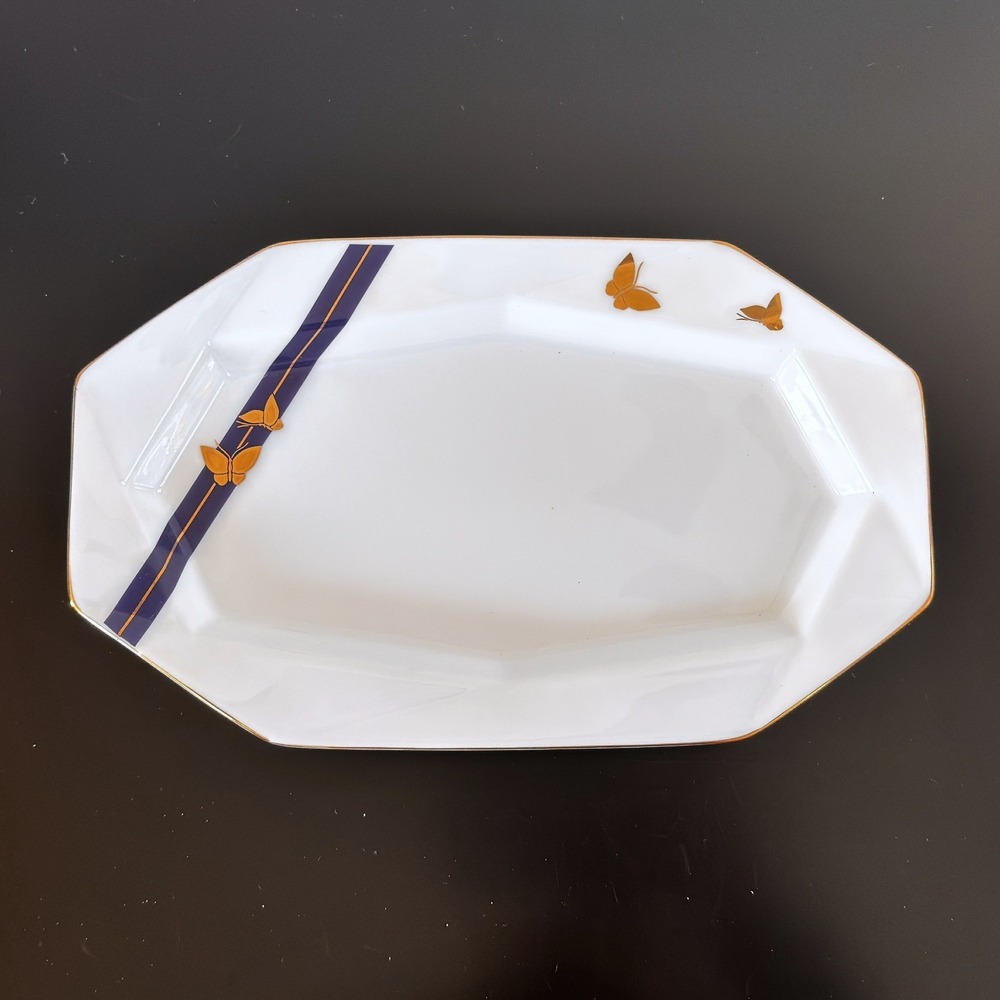 Signed SHOYO 10" Oval Octagonal Dish White w/Navy Blue Stripe & Gold Butterflies